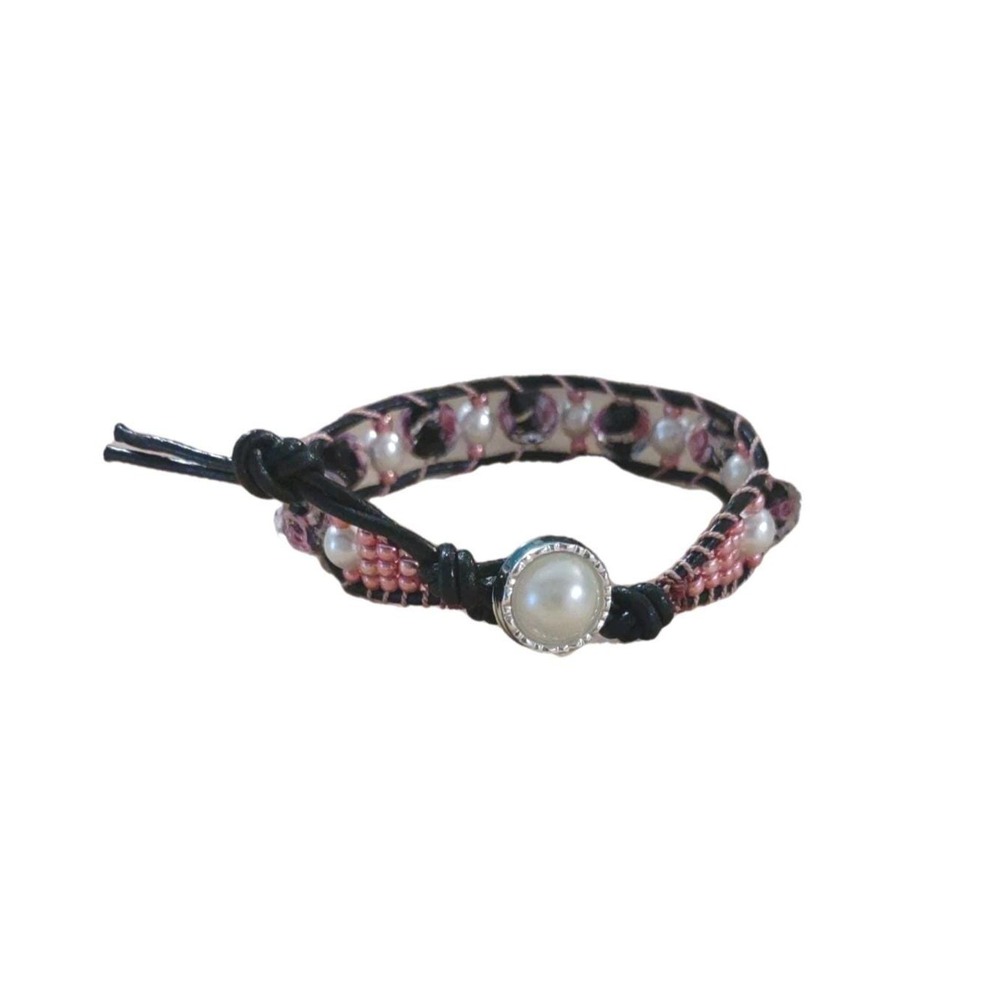 Pretty in Pink‎ Single Wrap Beaded Leather Bracelet